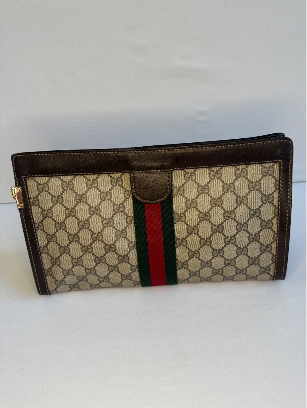 Vintage Gucci GG Supreme Web Stripe Clutch Portfolio Brown Italy Authentic